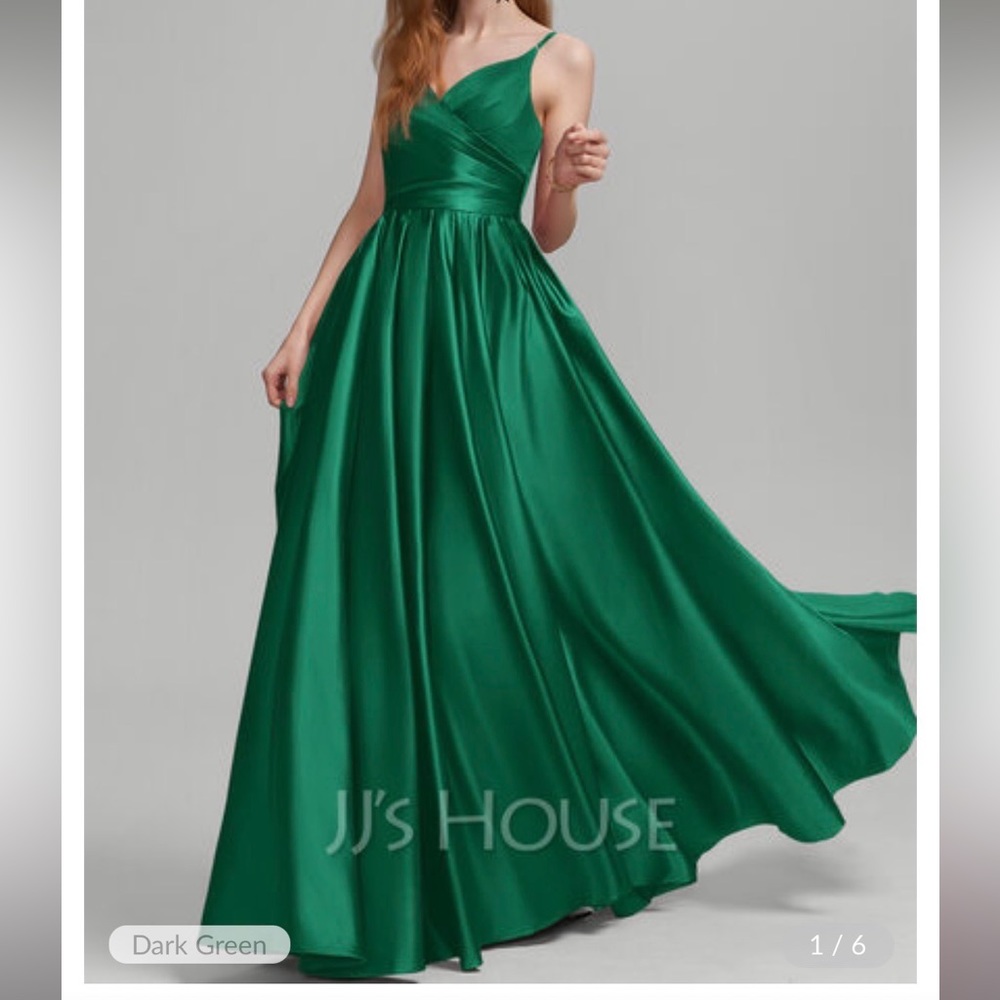 JJ’s House A-Line V-neck Floor-Length Satin Prom Dresses #234432 green size 4